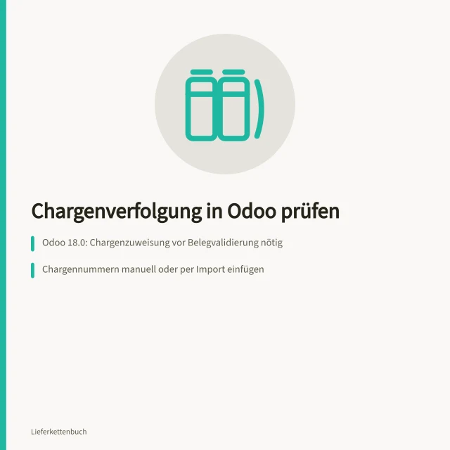 Karte zur Chargenverfolgung in Odoo mit Prüfschritten. Die Chargenverfolgung in Odoo anhand der dokumentierten Funktionen prüfen
