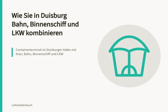 Containerterminal im Duisburger Hafen mit Kran, Bahn, Binnenschiff und LKW. Wie Sie in Duisburg Bahn, Binnenschiff und LKW kombinieren