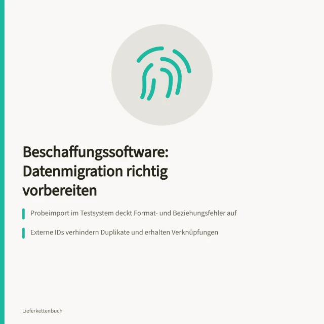 Karte zur Vorbereitung des Umstiegs auf Beschaffungssoftware mit Migrationsschritten. Wie bereiten Sie den Umstieg auf eine Beschaffungssoftware vor?