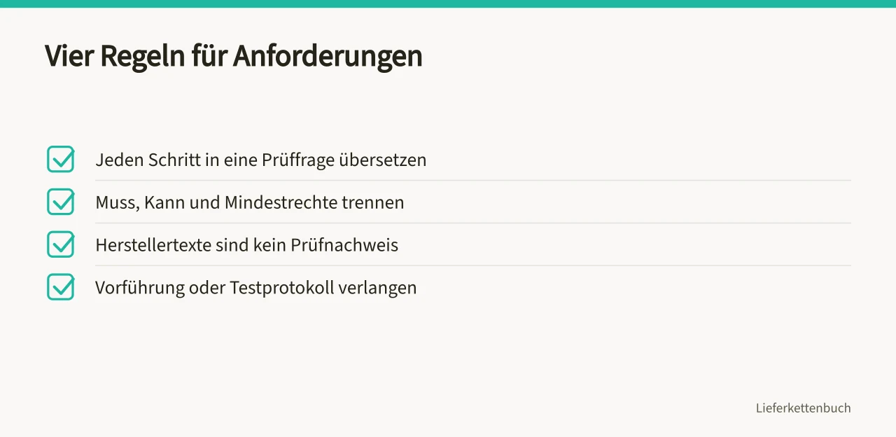 Checkliste mit vier Regeln zur Formulierung von Beschaffungsanforderungen (Fünf Arbeitsabläufe als Anforderungen an Beschaffungssoftware formulieren)